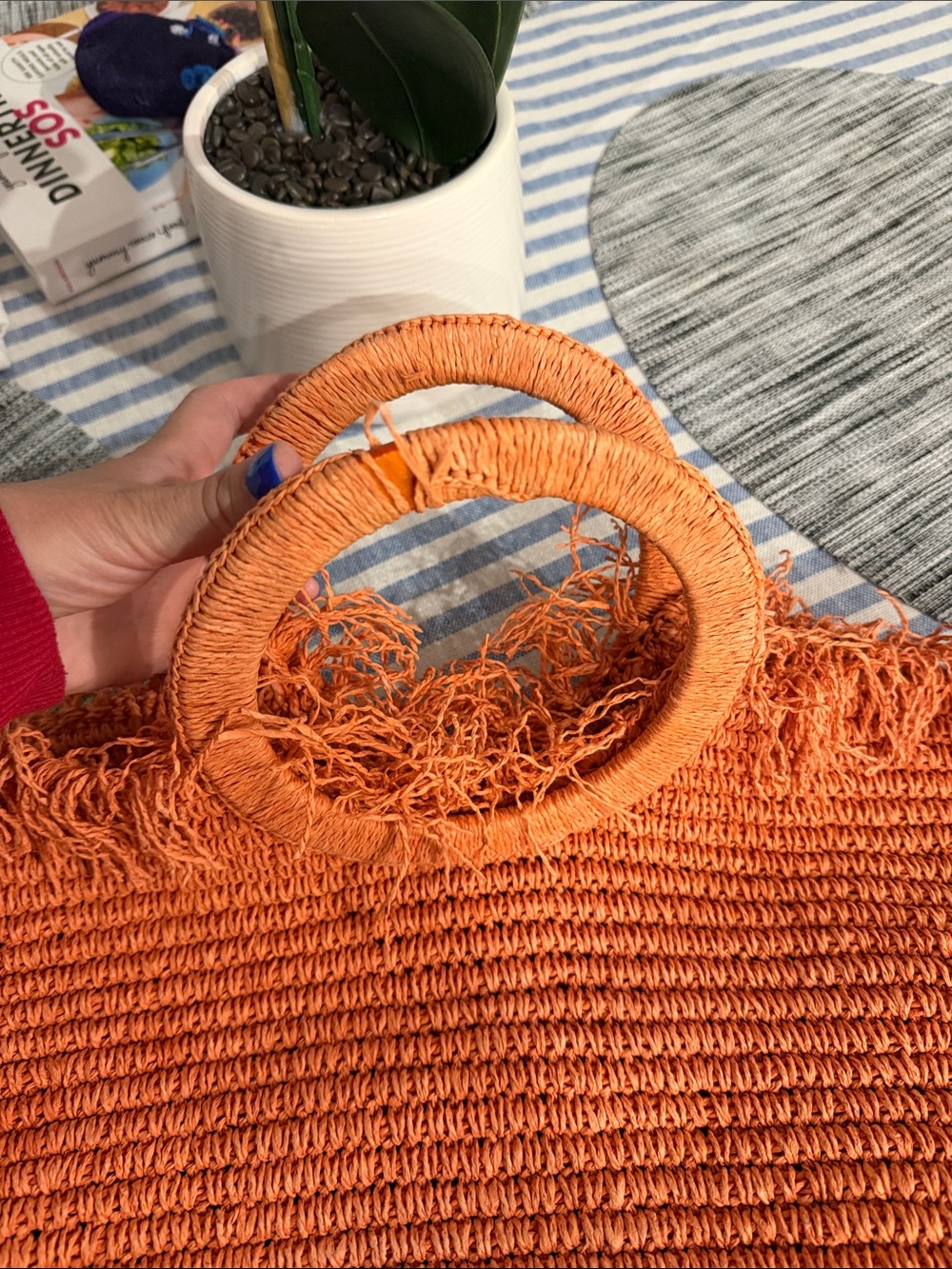Orange Woven Fringe Circle-Handle Tote - Picture 4 of 6